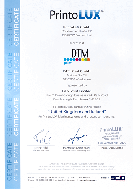DTM Print PrintoLUX Zertifikat